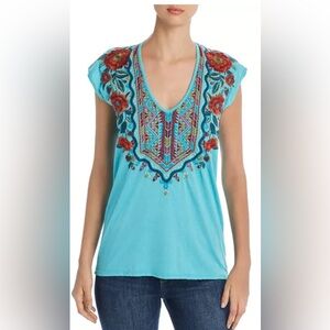 Johnny Was Embroidered Turquoise Top